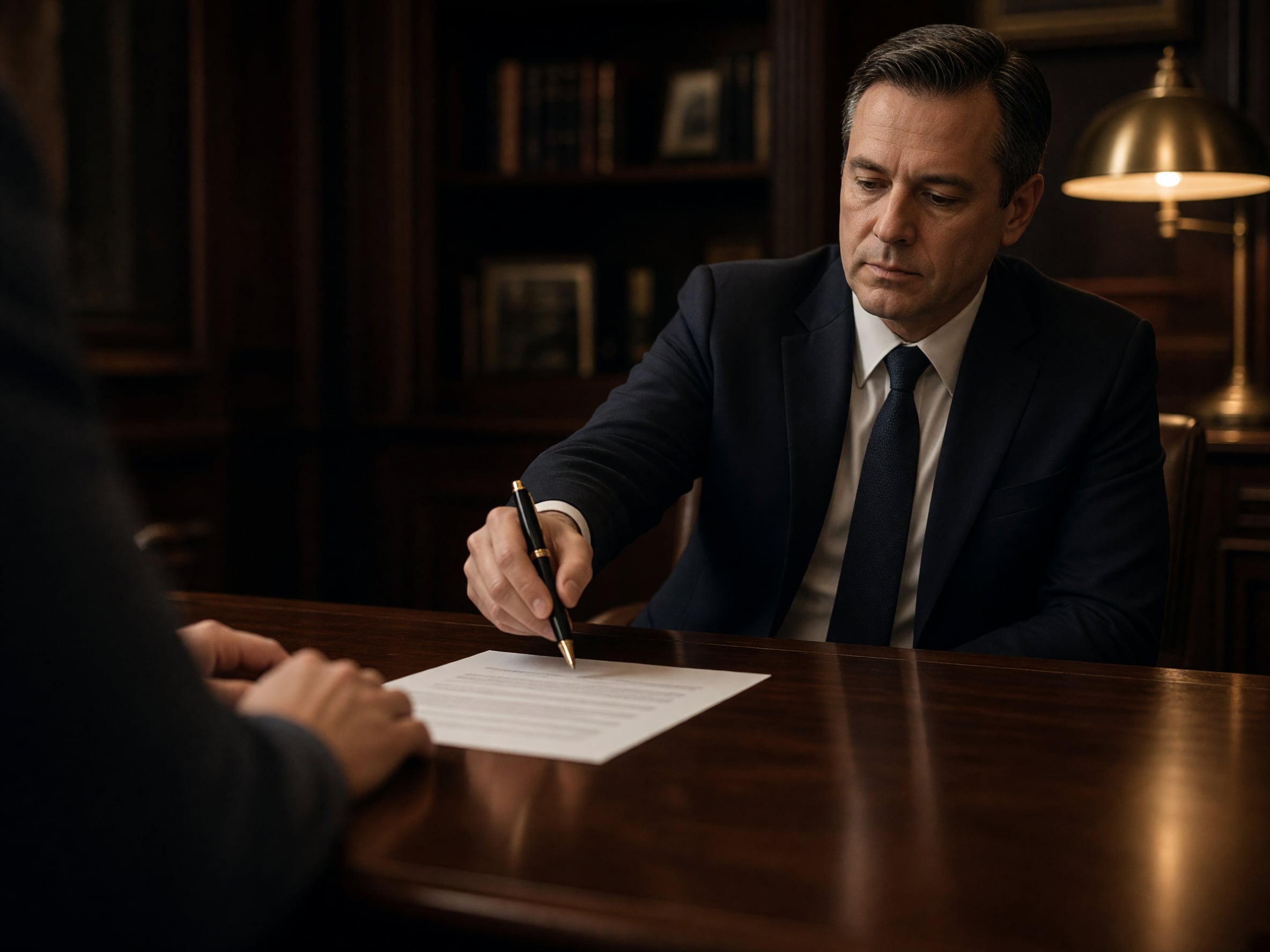 Attorney sliding a settlement document and pen across a desk to a client