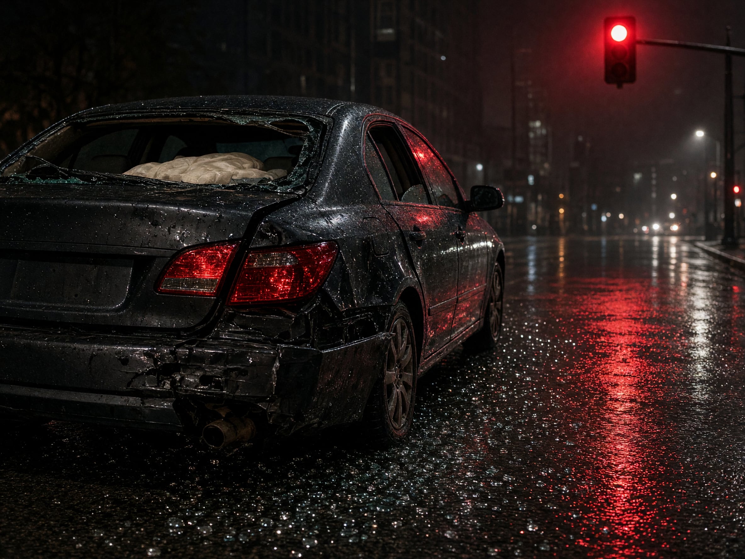 Rear-ended sedan with shattered glass at a red light on a rainy night