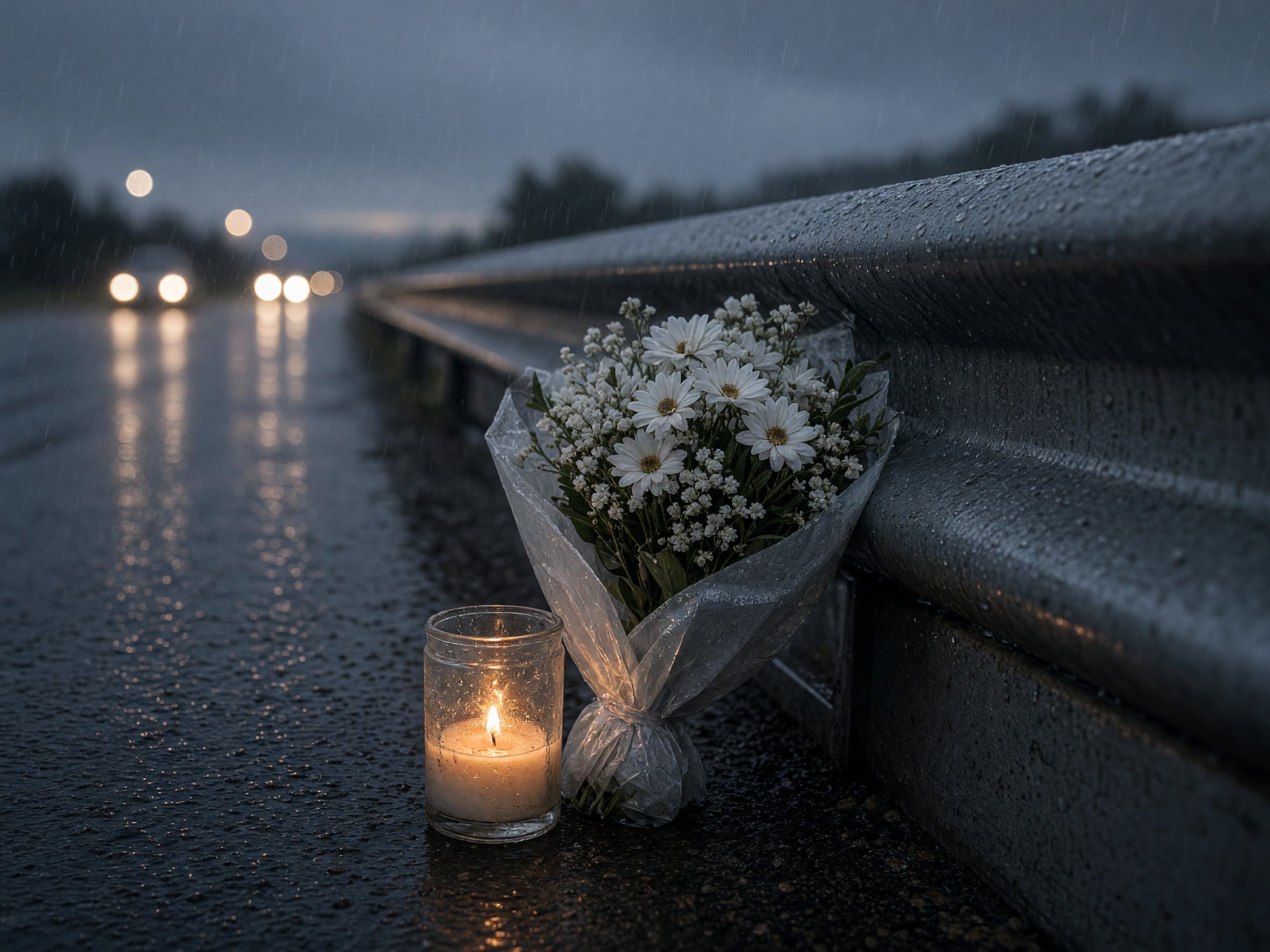 White flowers and a candle resting against a roadside guardrail at dusk
