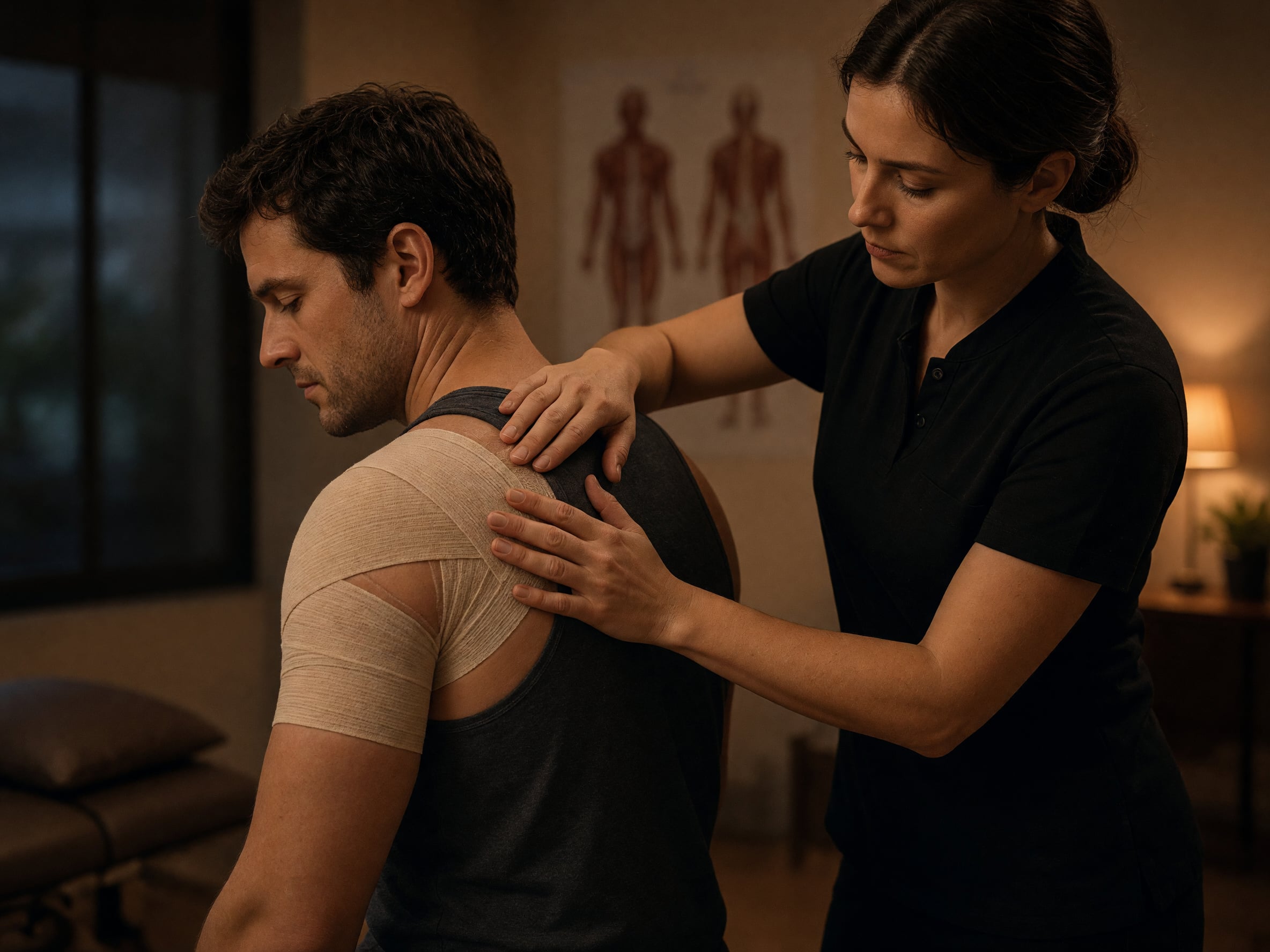 Physiotherapist examining a patient's bandaged shoulder in a warm evening clinic