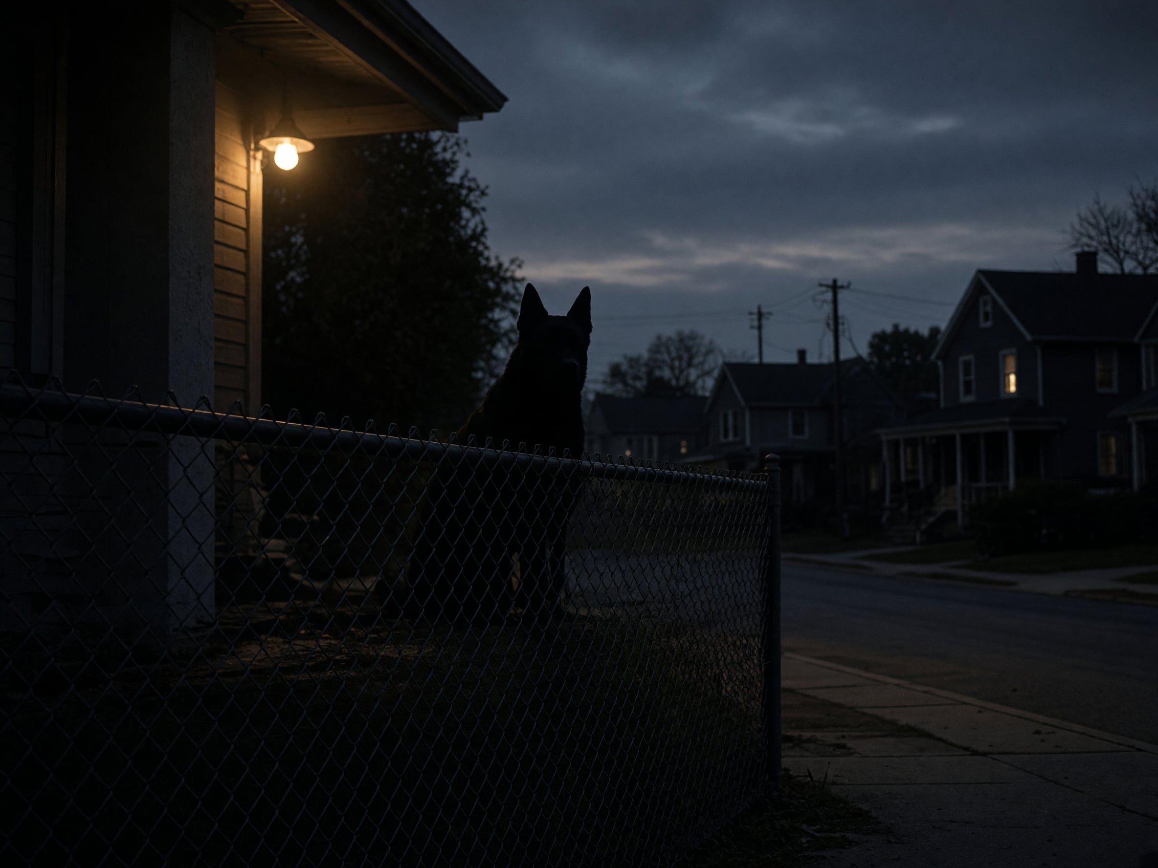 Guard dog silhouette behind a chain-link fence at dusk