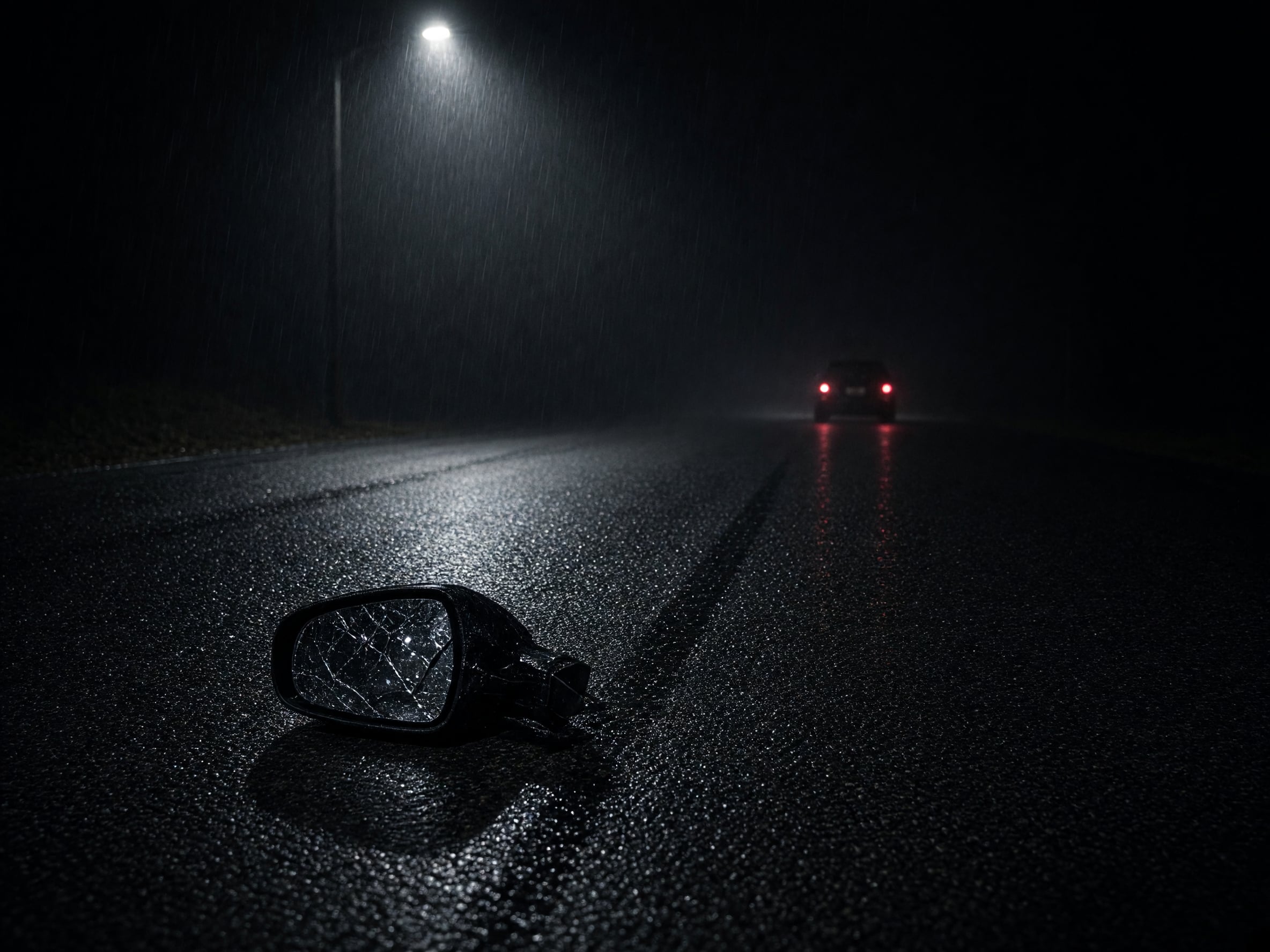 Broken side mirror lying beside a skid mark on an empty night road