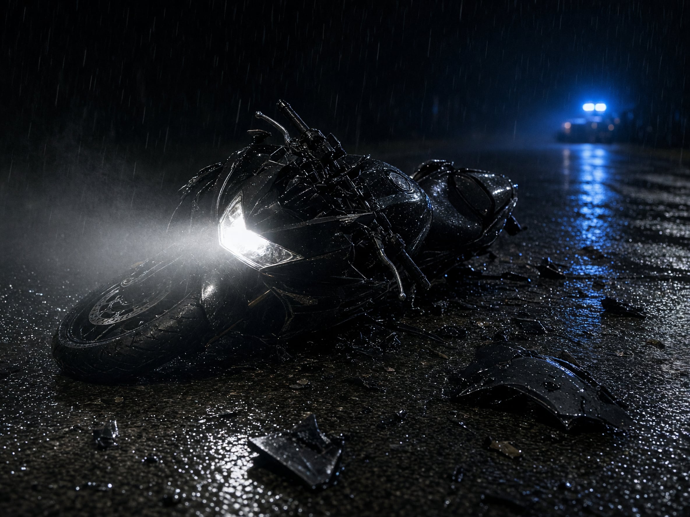 Motorcycle on its side on wet asphalt with its headlight still on