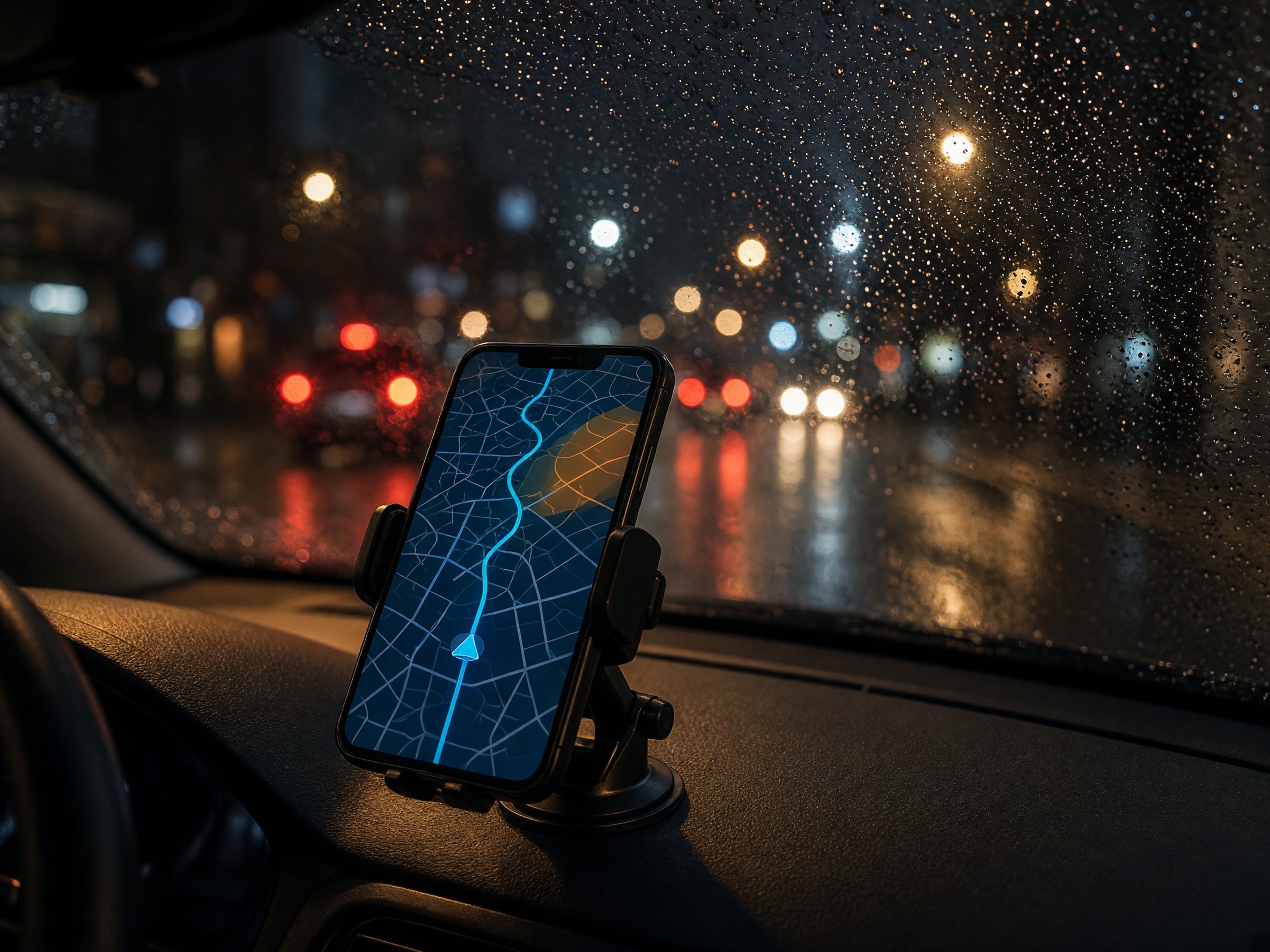 Rideshare navigation app glowing on a dashboard phone mount at night