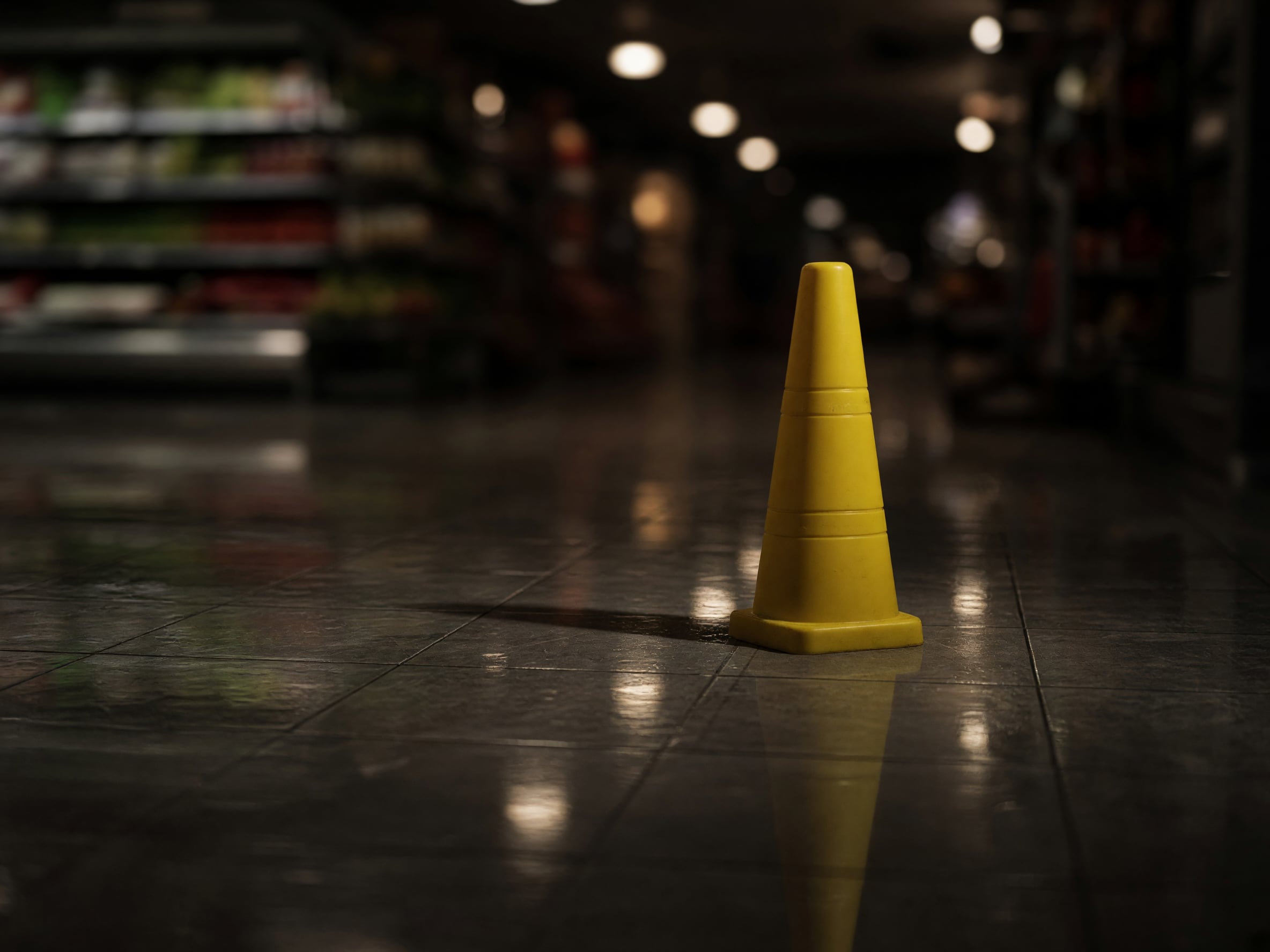 Wet floor caution cone on glossy tile in dim store lighting
