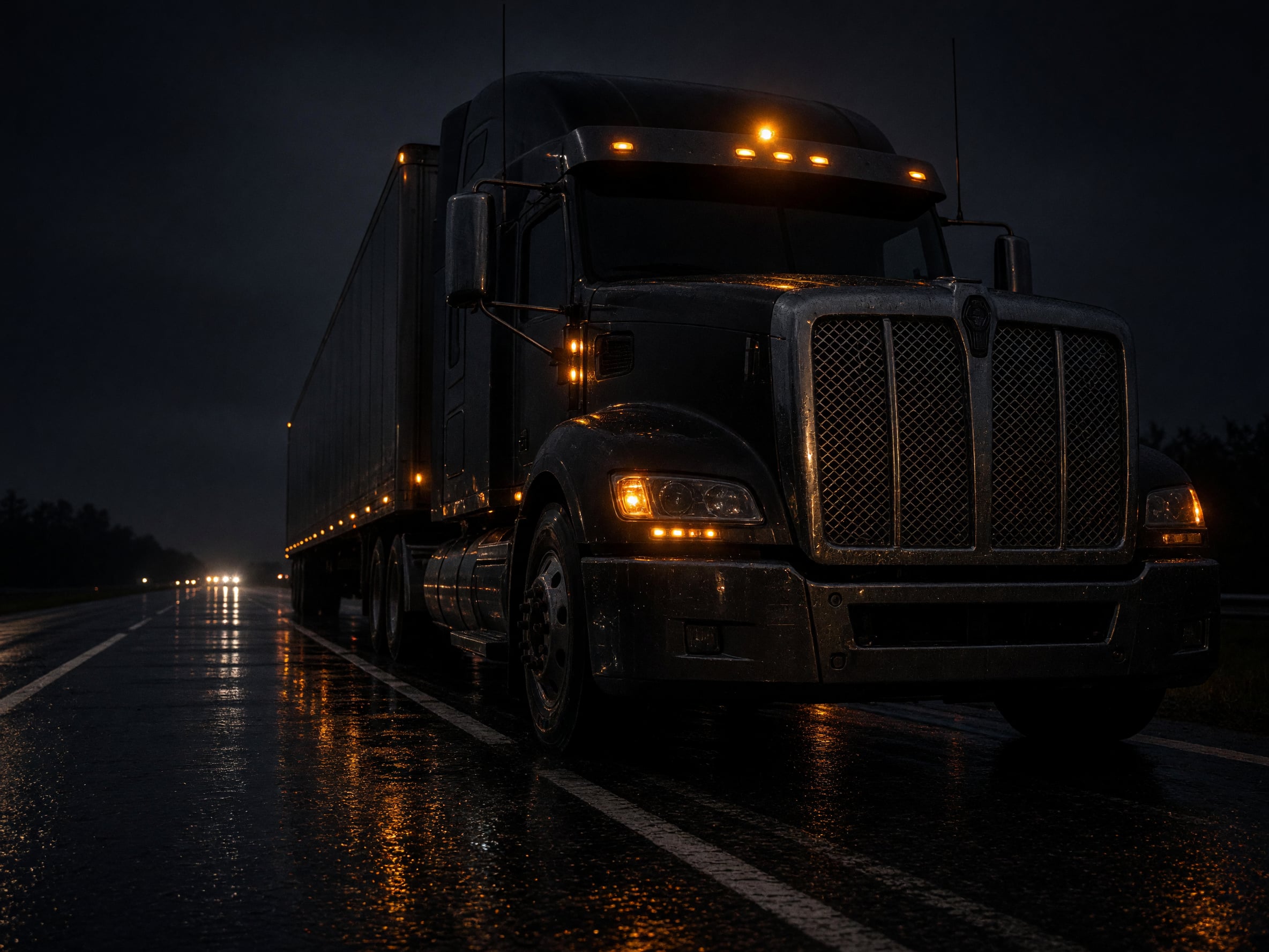 Semi truck stopped on a dark interstate shoulder with hazard lights blinking