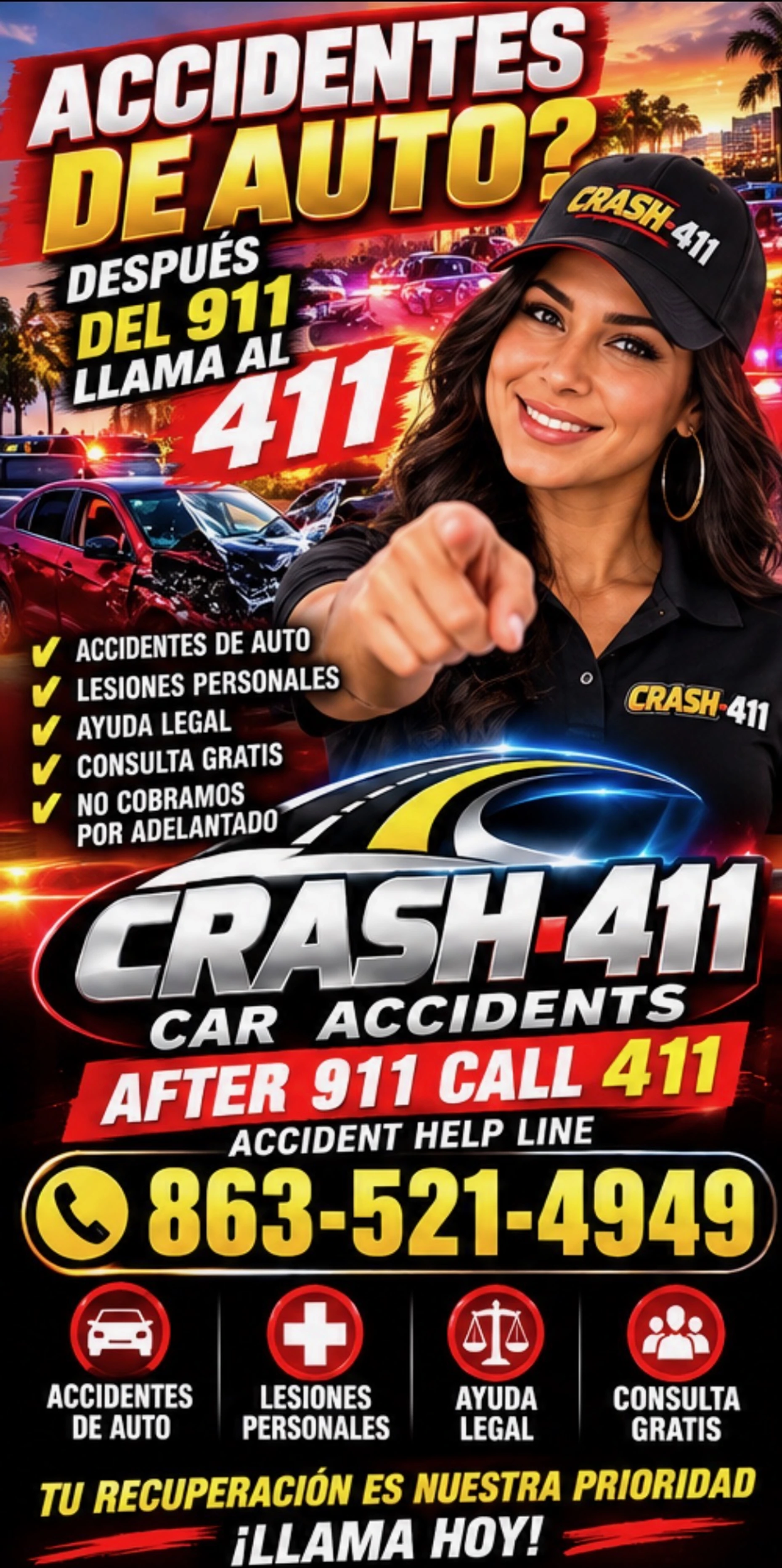 Volante de Crash 411 con ayuda en español tras un accidente de auto